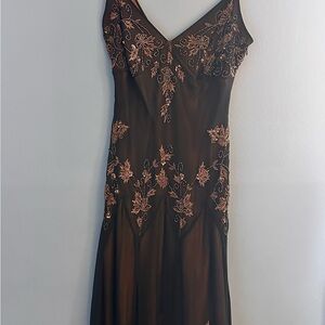 Adrianna Papell Black Midi Dress with Gold Embroidery